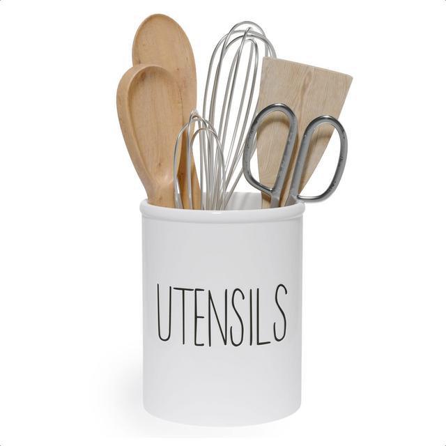 Barnyard Designs Ceramic Utensil Crock Holder for Kitchen Counter, Rustic Farmhouse Countertop Decor, French Country Organizer Caddy for Cooking Utensils, Spatulas and Mixing Spoons, White, 5.5” x 6”
