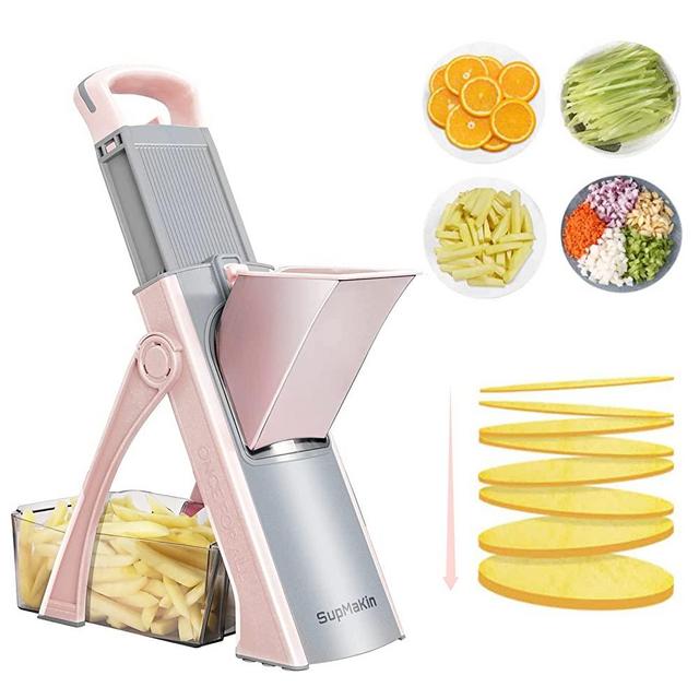 Upgrade Safe Mandoline Slicer, Bigger Entrance SupMaKin Vegetable Potato Slicer Chopper, Adjustable Thickness Multi Mandolin, Julienne + Dicer Kitchen Must Haves (Pink)