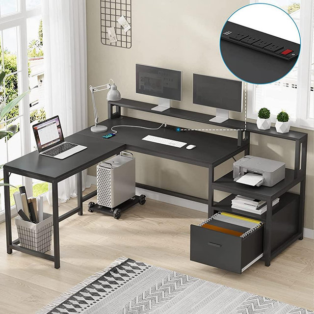 SEDETA L Shaped Desk, 66" Computer Desk with File Drawer & Power Outlet, Corner Desk with Hutch, Monitor Shelf and Printer Storage Shelves, Study Writing Desk Workstation for Home Office, Black