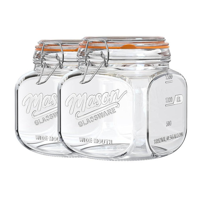 Dwbligt 2 Pack Half Gallon Mason Jar with Hinged Lid, Wide Mouth Glass Canisters for Food Storage, Cookie, Flour, Candy, Coffee, Pickle - 64 Oz Glass Jar with Lid - 2 Scale Marks & Vintage Mason Jars