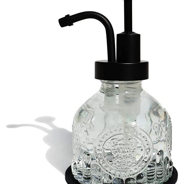 Glass Soap Dispenser for Kitchen and Bathroom Countertop, Smooth Action Pump Refillable Wash Hand Liquid, Dish Detergent, Farmhouse Style with Cylindrical Shape Shampoo Lotion Pump