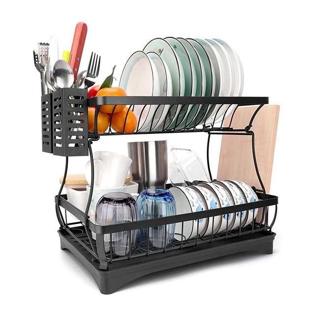 2 Tier Dish Drying Rack Stainless Steel Large Dish Plate Rack Metal Strainer Dryer Racks Two Tier Dishes Drainer and Drain Tray with Utensil & Cutting Board Holder for Small Kitchen Counter Black