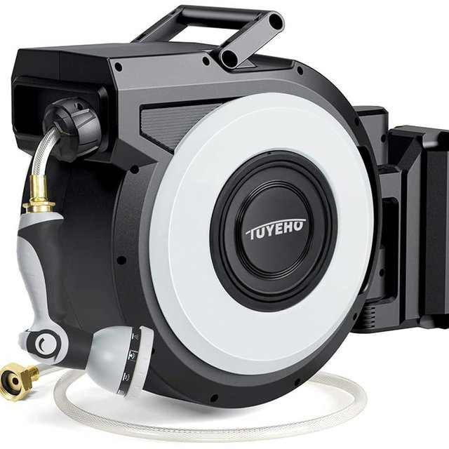 Tuyeho Retractable Garden Hose Reel 130 FT, Wall Mount Heavy Duty Water Hose Reels with Automatic Slow Rewind System, Outdoor Hoses Reel with 2 Hose Nozzles for Garden Watering, Car Wash, Pet Shower