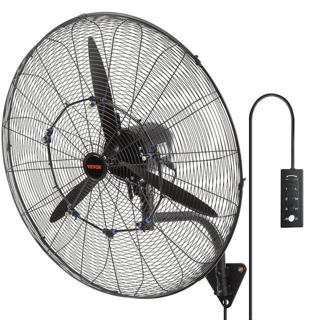 VEVOR 30 Inch Wall-Mount Misting Fan, 3-speed IP44 Waterproof Oscillating, Max. 9500 CFM Wall Mounted Fan for Outdoor, Commercial, Residential, Greenhouse, Workshop, Patio, Black, ETL Listed