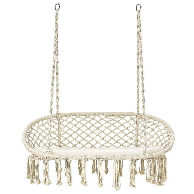 Giantex Hammock Chair 2 Seat, Macrame Hanging Chair with Cushion, Hanging Cotton Ropes, Metal Frame, 330 lbs Capacity Indoor Swing for Hammock Stand, Patio, Balcony, Living Room Hammock Swing