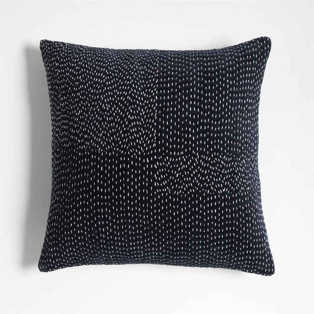 Sashiko Organic Cotton Velvet 20x20 Deep Indigo Throw Pillow with Down-Alternative Insert