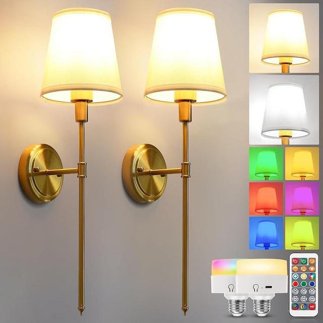 DORESshop Battery Operated Wall Sconce Set of 2, Wall Light Wireless Easy to Install Remote Control, Dimmable and Adjustable Sconces Wall Decor, Rechargeable Wall Lamp for Bedroom, Living Room, Gold