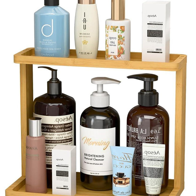 PEKER Bamboo Bathroom Organizer Countertop – Small Vanity Storage Shelf for Makeup, Perfume, Skincare – Natural Cosmetics Display Rack for Dresser, Sink, Kitchen – 10.24"x8.46"x5.12"
