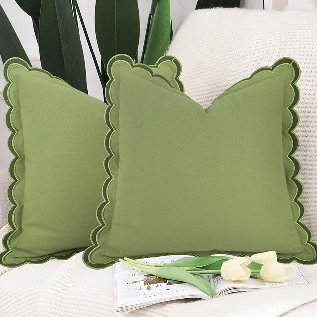 Pyonic Pack of 2 Scalloped Throw Pillow Covers,18x18 inch Soft Cotton Unique Waves Edge Shaped Pillow Covers,Decorative Boho Sage Green Scalloped Pillow Covers for Couch Living Room