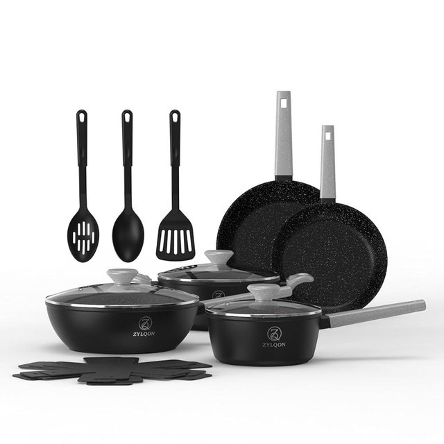 ZYLQON 15-Piece Nonstick Cookware Set, Pots and Pans with Ceramic Coating, PFOA Free, Induction Ready with Stay-Cool Handles, Dishwasher Safe, Works with All Stovetops, Black/Grey Speckle