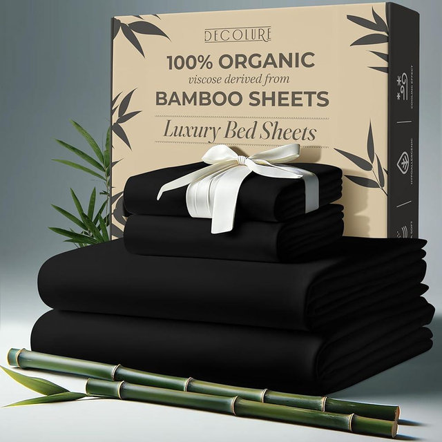 DECOLURE 100% Organic Viscose Derived from Bamboo Queen Sheets Size 4pcs - Ultra Soft & Luxuriously Cooling, 17" Deep Pocket, Double Stitching, Perfect for Hot Sleepers - Queen Bed Sheets (Black)