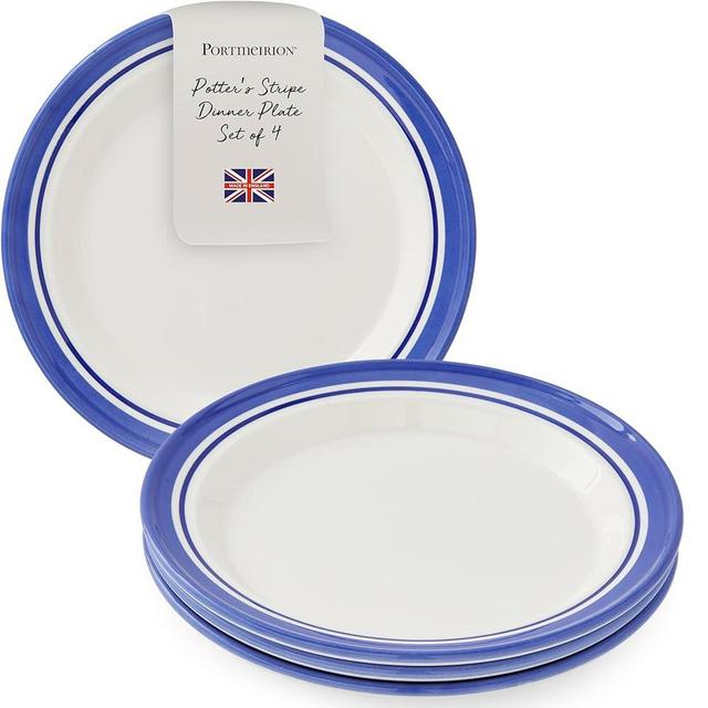 Portmeirion Potter's Stripe Dinner Plate (Set of 4) - 10.5" Earthenware Plates with Classic Striped Rim - Microwave, Dishwasher, Freezer, Oven Safe - Ideal Modern Dinnerware Set (Blue Stripe)
