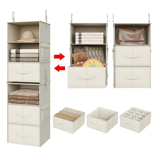 Vailando 6-Shelf Hanging Closet Organizer, 2 Separable 3-Shelf Hanging Shelves with 3 Drawers for Wardrobe, Nursery, Baby Clothes Organization and Storage, Beige