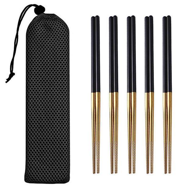 Black and Gold Chopsticks Reusable Dishwasher Safe, 8 1/4 Inches Lightweight, Square Handle 5 Pairs Metal Chopsticks Set with Bag, Premium Stainless Steel Chop Sticks for Eating