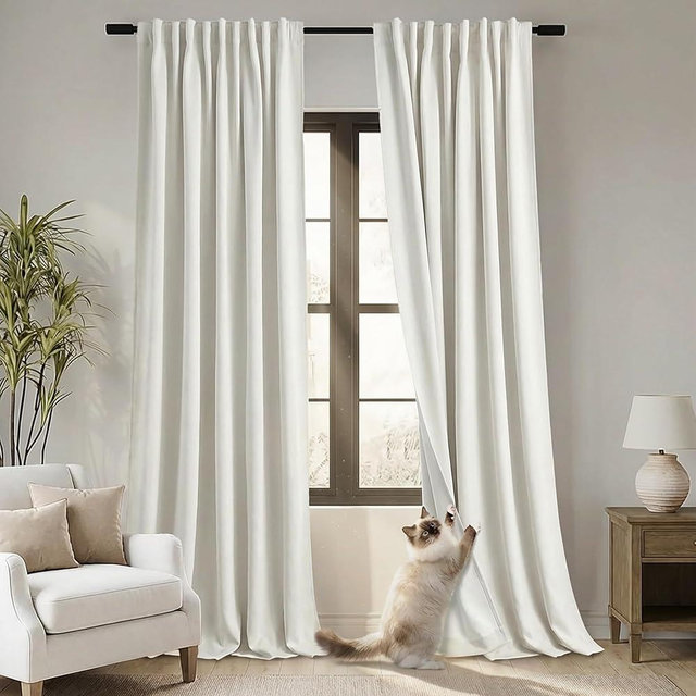 Blackout Curtains for Bedroom, Linen Black Out Pleated Back Tab Curtains 86 Inch Long Curtains for Living Room 2 Panels Set, Cream Ivory,Cortinas para Sala