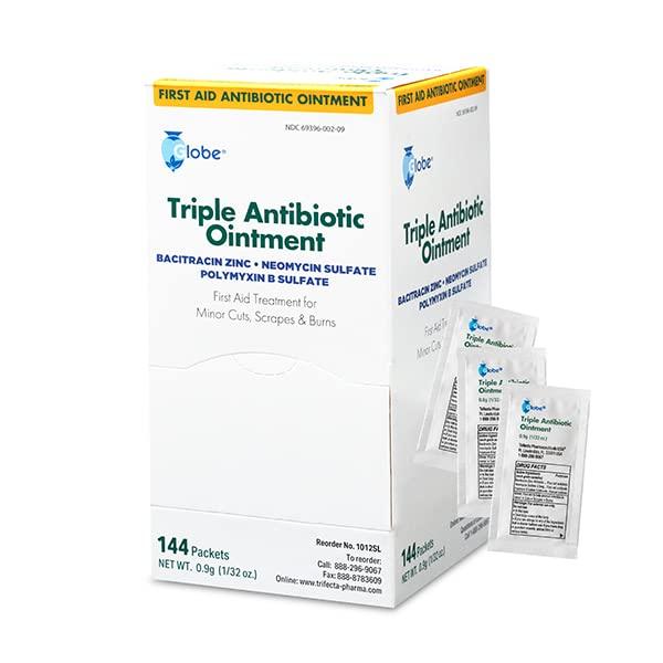 Globe (144 Pack) Triple Antibiotic Ointment 0.9g Single Packet, First Aid Kit for Minor Scratches, Wounds, Cuts and Burns, Prevents Infection Active Ingredients Compare to Leading Brand, Travel Size