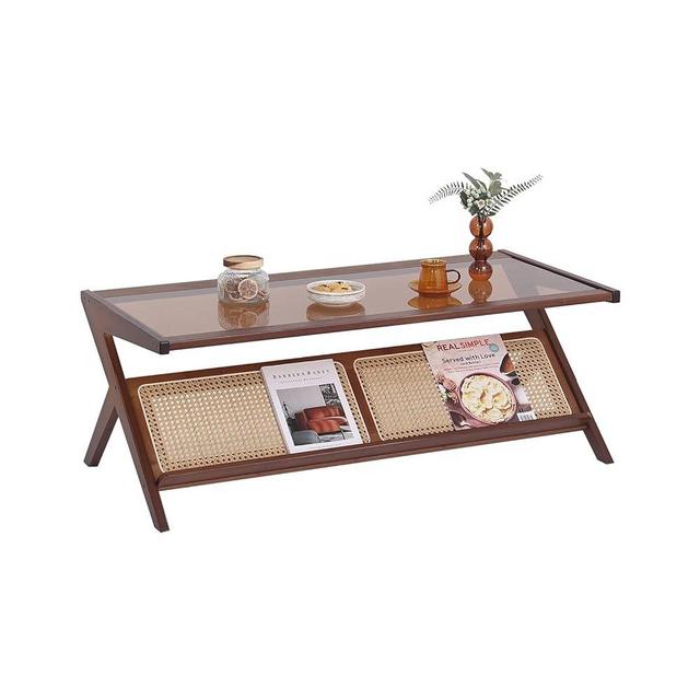 Furlide Rattan Coffee Table, Large Z-Vintage Accent Table, Bamboo Boho Table, Mid Century Modern Center Table for Outdoor/Indoor (Walnut)