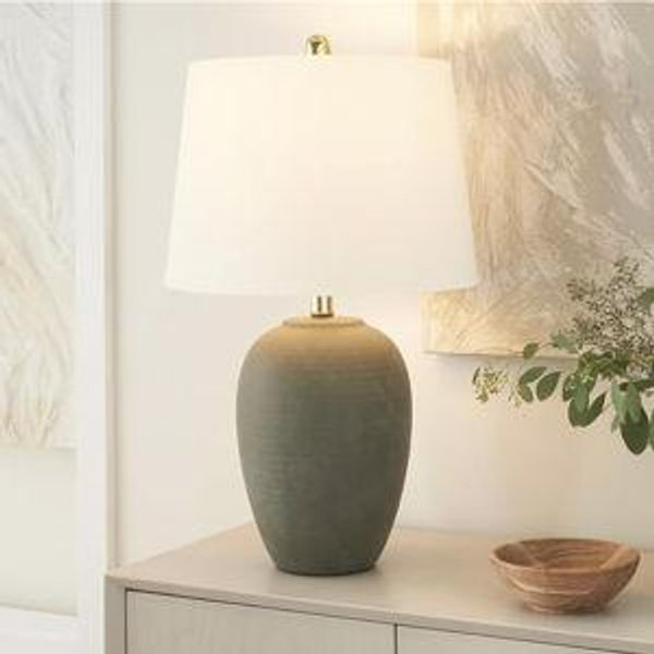 Nourison 23" Olive Green Ceramic Pot Table Lamp for Bedroom, Living Room, Dining Office, with White Tapered Drum Shade