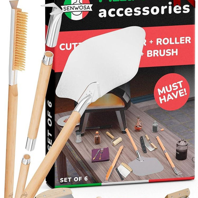 Premium Pizza Oven Accessories Kit - 6-Piece Set for Home Pizza Making: Includes Pizza Peel, Oven Brush, Bubble Popper Turner, Rocker Cutter, Dough Roller & Scraper