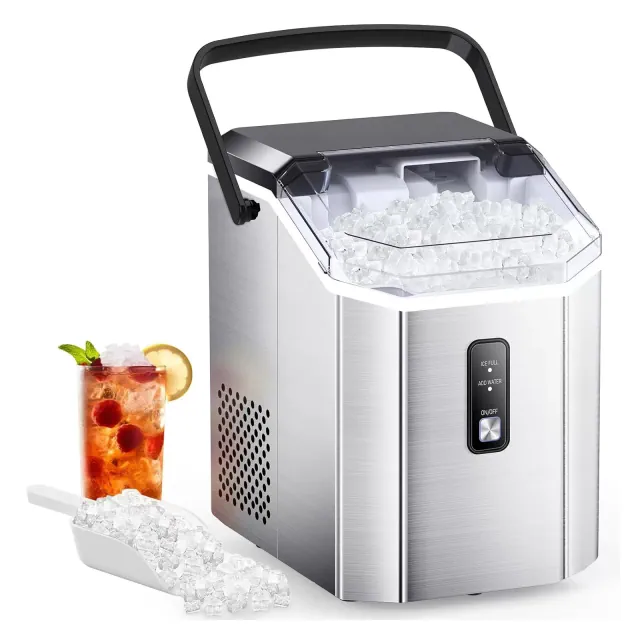 R.W.FLAME Nugget Ice Maker Countertop, Portable Ice Maker Machine with Handle, Self-Cleaning, with Ice Scoop and Basket, Stainless Steel Silver