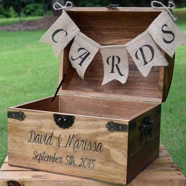 Personalized Wedding Card Box with Engraved Name and Date and Burlap Cards Banner - Wedding Card Box - Rustic Wooden Card Box - Rustic Wedding Card Box - Rustic Weddings