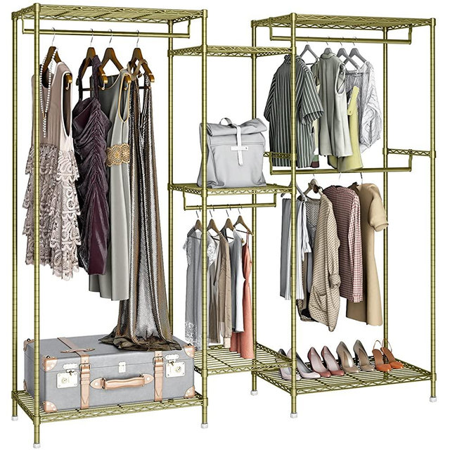 VIPEK V6 Wire Garment Rack Heavy Duty Clothes Rack with 7 Adjustable Shelves & 4 Hanging Rods, Compact DIY Metal Clothing Rack 74.4" L x 17.7" W x 76.8" H, Max Load 600LBS, Gold
