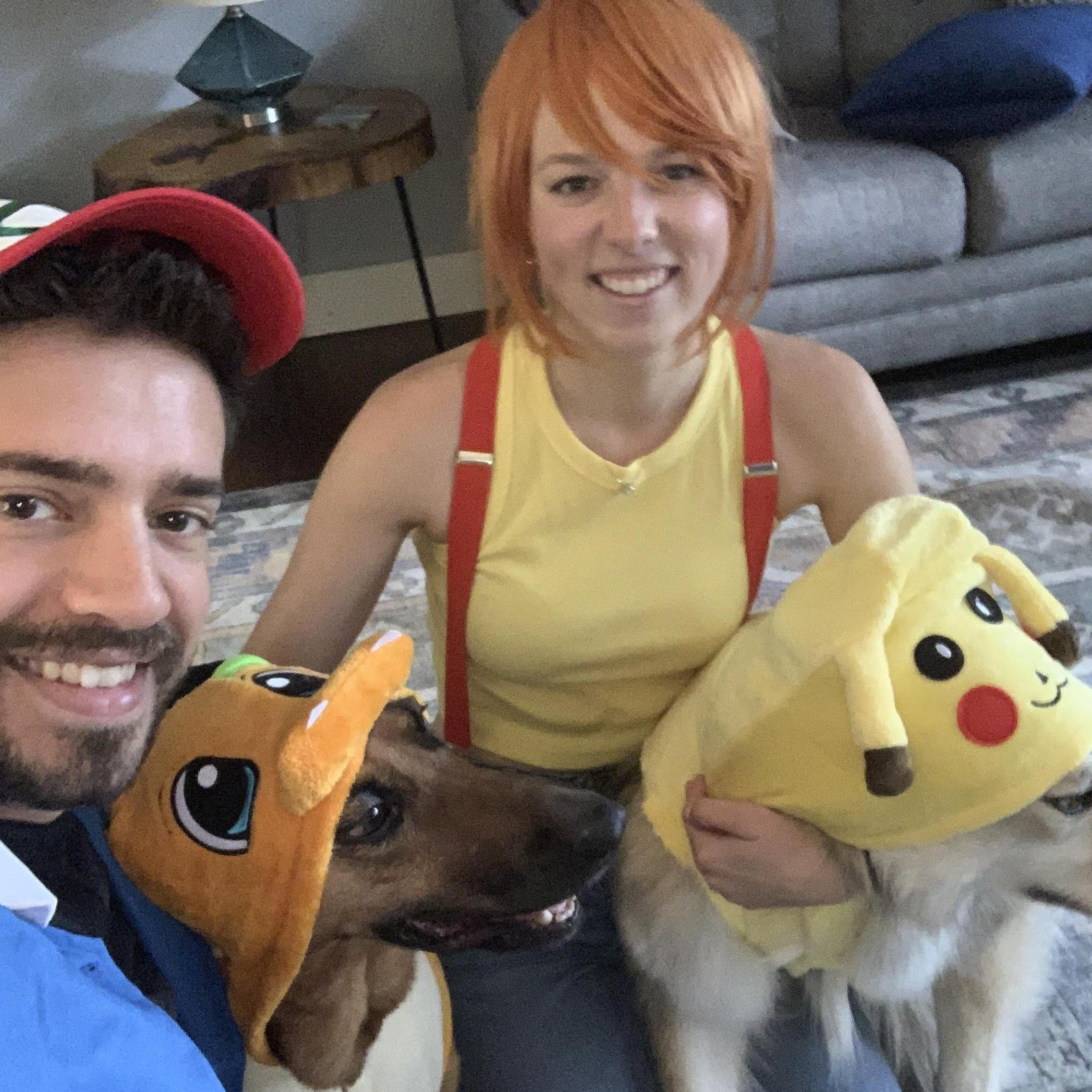Halloween 2021 as Ash, Misty, Charmander, and Pikachu from Pokemon