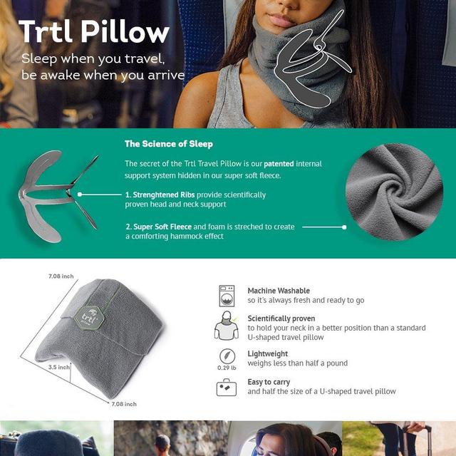 Trtl Pillow - Scientifically Proven Super Soft Neck Support Travel Pillow – Machine Washable Grey