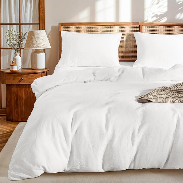 LBRO2M 100% France Linen Duvet Cover Set King Size 3 Pcs Natural Flax Comforter Cover with Zipper Closure 2 Pillowcase Breathable Duvet Cover (White King)