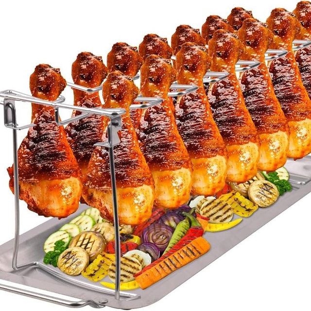 NEWCOMDIGI Chicken Leg Rack for Grill with Drip Tray, 14 Slots Stainless Steel Chicken Wing Rack, Drumstick Holder Roaster Stand for Smoker Grill Oven, Picnic, BBQ Accessories