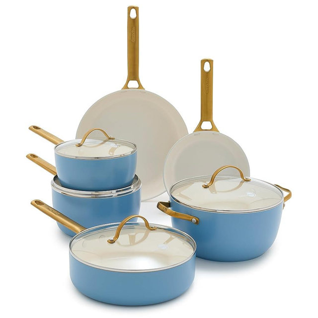 GreenPan Reserve Hard Anodized Healthy Ceramic Nonstick 10 Piece Cookware Pots and Pans Set, Gold Handle, PFAS-Free, Dishwasher Safe, Oven Safe, Sky Blue