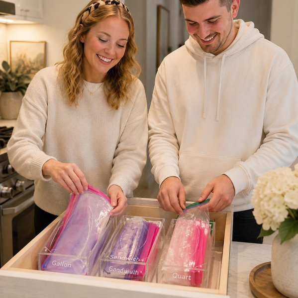 FEMELI Food Bag Storage Organizer, Acrylic Kitchen Drawer Baggie Box, Compatible with Gallon, Slider Quart, Freezer, Sandwich, Snack, Variety Size Bags, 4 separate Pack(Clear)