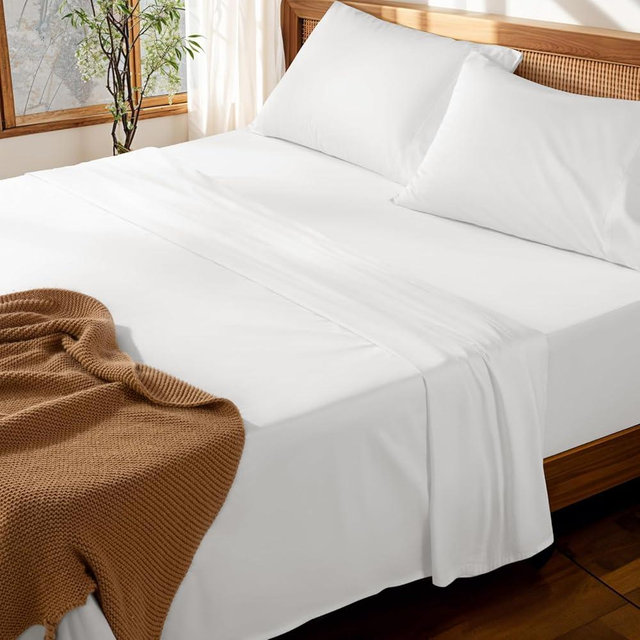 LBRO2M 100% Cotton Sheets Set Deep Pocket Up to 18"-24", 1000 Thread Count King Size 4 Pcs Bed Sheet Sets Soft Comfortable Bedding All Season (King, White)