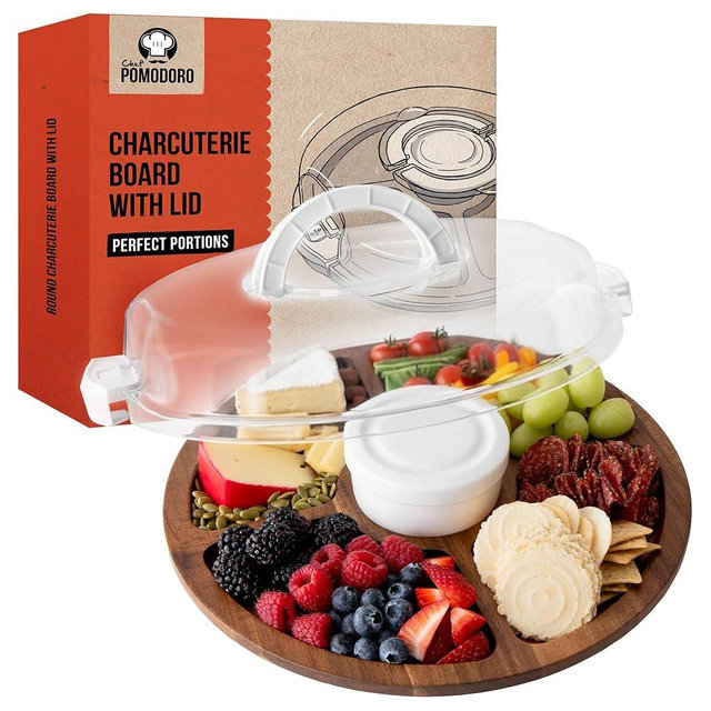 Chef Pomodoro Travel Charcuterie Board With Lid, Serving Tray, Portable, Round Covered Tray With Lid, Cheese Platter, Wood Grazing Board With 5 Compartments 12.6 in (32 cm)