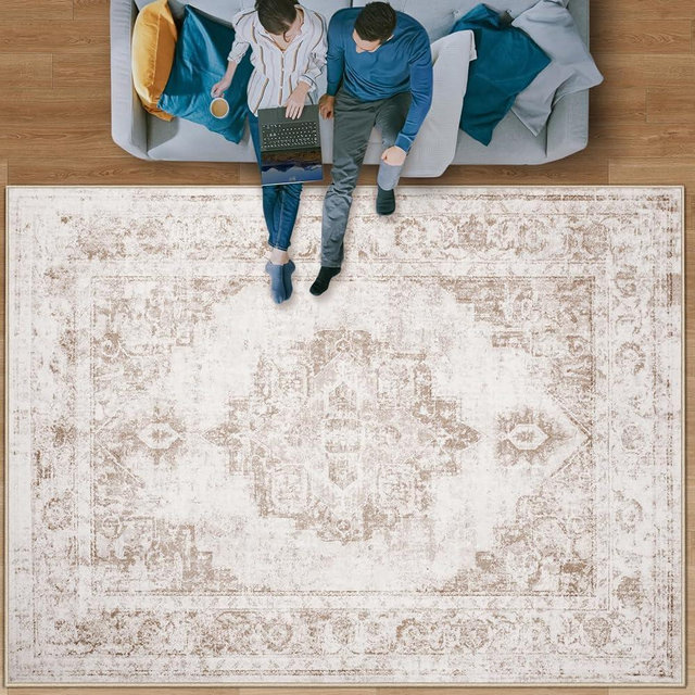 Area Rug 9x12 Vintage Rug: Large Washable Indoor Medallion Rug Low Pile Distressed Floor Carpet Retro Accent Rug for Living Room Bedroom Kitchen Dining Table Home Office(Beige, 9'x12')