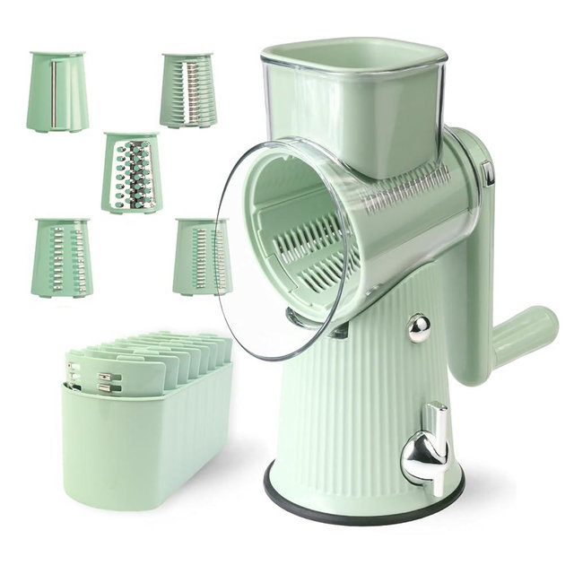 TOPAA Rotary Cheese Grater with Handle Vegetable Shredder with 5 Blades, Round Mando line Slicer and Food Chopper for Kitchen (Green)