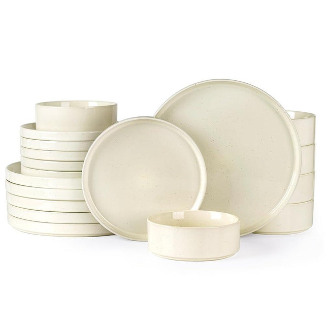 GBHOME Dinnerware Set for 6, 18 Piece Speckled Plates and Bowls Set with Glazed Bottom, Chip & Scratch Resistant Stoneware Plates Sets, Dishwasher & Microwave Safe Dishes, Light Beige