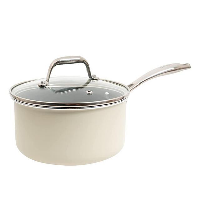 Goodful Ceramic Nonstick 3 Quart Sauce Pan with Lid, Dishwasher Safe Pots and Pans, Comfort Grip Stainless Steel Handle, Made without PFOA, Cream
