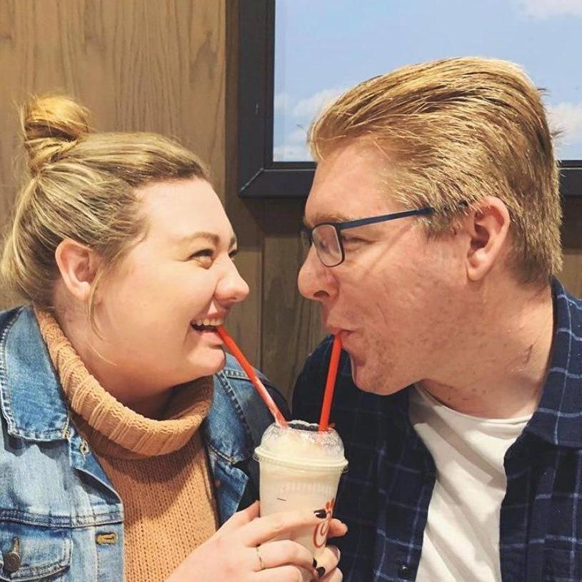 Sharing a strawberry milkshake, December 2019.