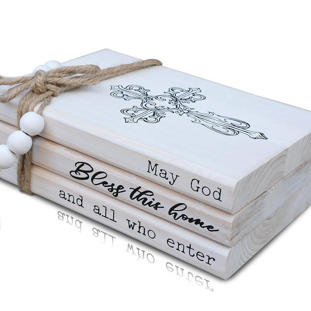 LIVDUCOT Rustic Decorative Coffee Table Books for Home, Wood Book Stack Decor Set of 3, Farmhouse Mantel Decor, Christian Gifts (May God Bless This Home And All Who Enter)