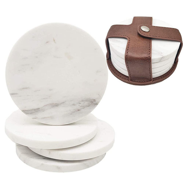White Marble Coasters with Leather Holder Set of 4 - 4 Inch Drink Coasters Set ，( Round )