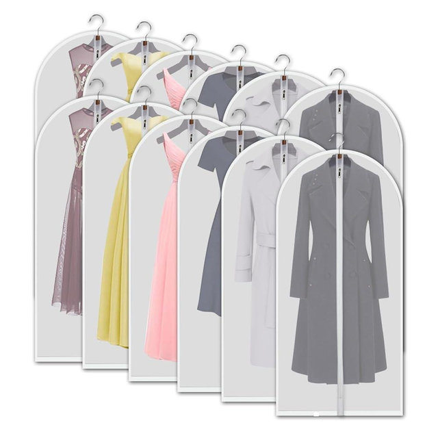 VOSIGREEN Hanging Garment Bags 12 Piece Set - 60 Inch Translucent Dust Proof Clothes Bag White Breathable Full Zipper Dust Cover for Suit Dance Costumes Gown Dress.