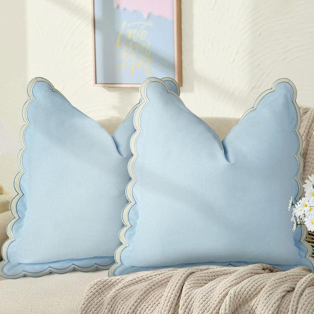 Gopenmy Scalloped Throw Pillow Covers Set of 2, 18x18 Inch Double Stitch Decorative Cotton Pillow Covers for Couch, Sofa & Living Room, Soft and Stylish Home Decor (Blue)