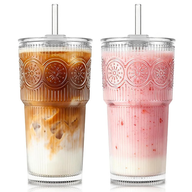 KEMORELA 20oz Ribbed & Floral Glass Iced Coffee Cups with Lids 2Pcs：Reusable Glass Cups with Lid and Glass Straw, Glass tumbler for Water Leak Proof for Coffee Bar Accessories- Includes Cleaning Brush