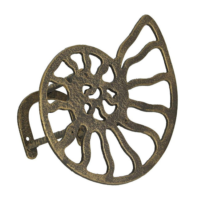 Zeckos 12-Inch Bronze Finish Cast Iron Nautilus Seashell Decorative Hose Holder: Wall-Mounted Outdoor Nautical Décor for Stylish and Functional Garden Organization