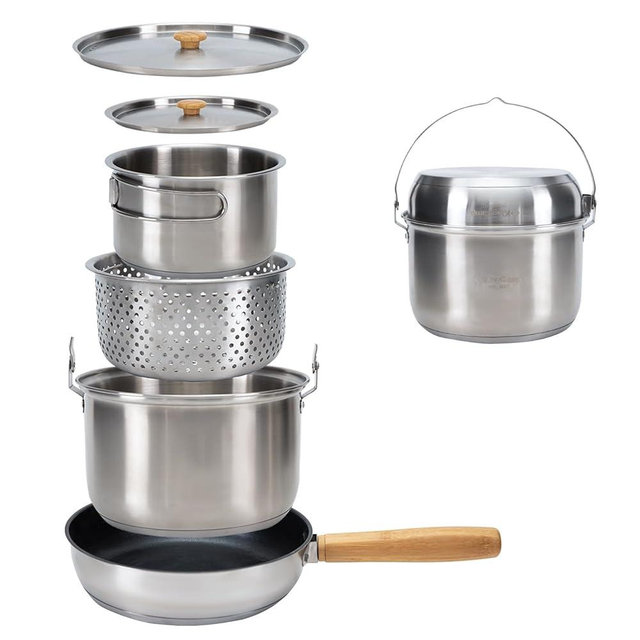 KingCamp Camping Cookware Set 304 Stainless Steel Campfire Cooking Pots Pan and Kettle with Travel Tote Bag for Camping Outdoor Kitchen Cooking Picnic for 4-6