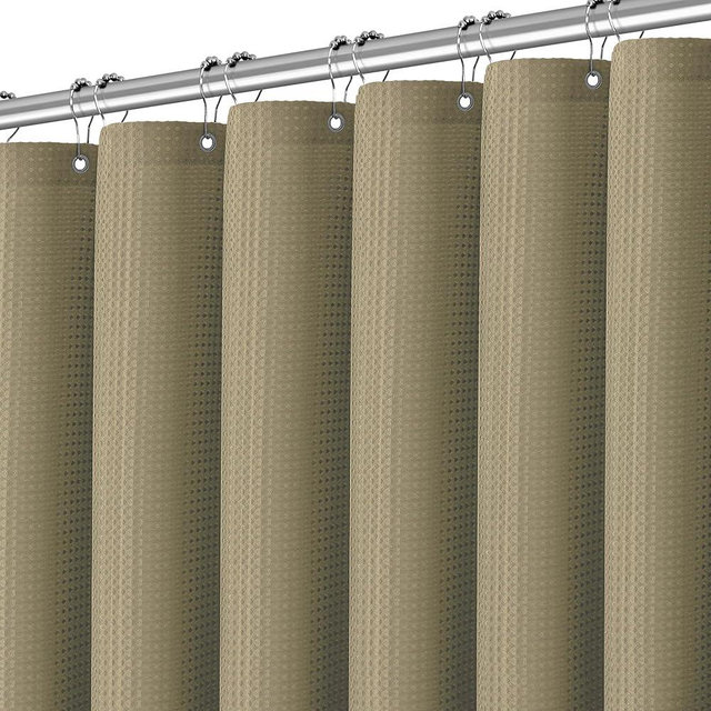 PANGSINNE Taupe Fabric Shower Curtain for Bathroom Stall, 60 inche Waffle Weave Machine Washable Waterproof 256GSM Heavy Duty Weighted Bath Curtain Set with 10 Metal Hooks, 60Wx72H