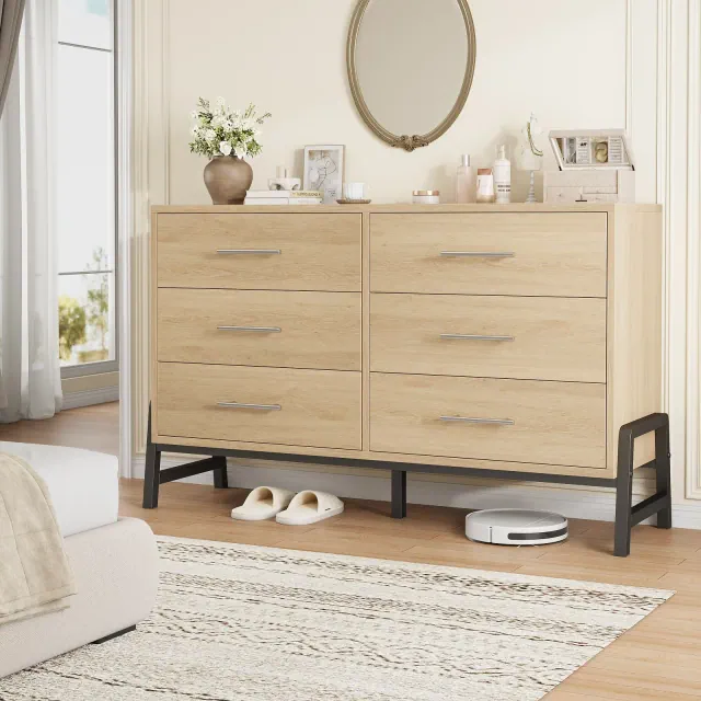 6 Dresser for Bedroom, 52" Wide Dresser, Wide Drawer Dresser with Storage Freestanding, Wooden Closet Dresser Storage for Bedroom, Natural Oak