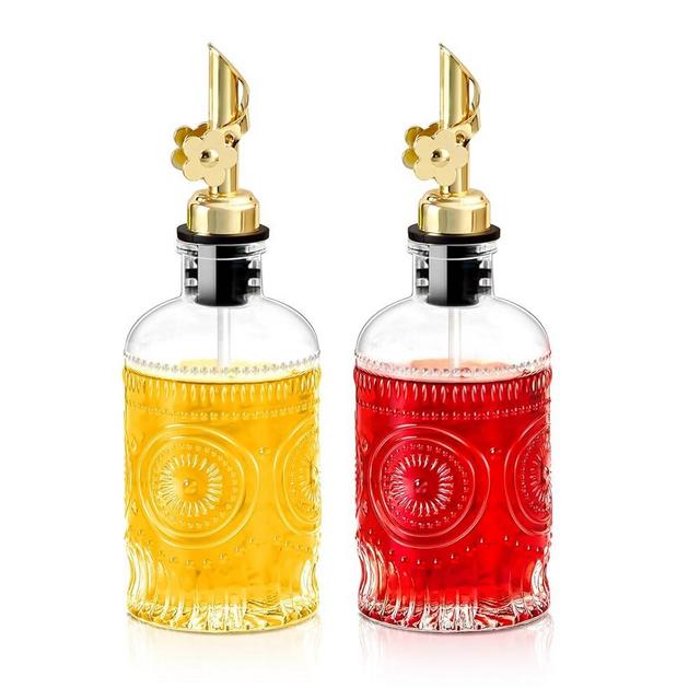 MUVEKA Olive Oil Dispenser Bottle for Kitchen, 7 oz/ 200 ml Cooking Oil Dispenser, Oil and Vinegar Dispenser Bottle Set, Glass Oil Containers with Weighted Pourer Spouts, Oak Corks