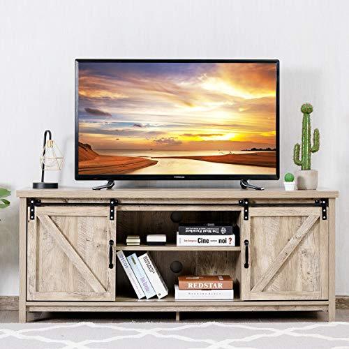 Tangkula TV Stand for 65” Television, TV Ark with Sliding Barn Doors, Wooden TV Cabinet with 2 Center Compartments and 2 Cabinets, Console Storage Table with Cabinet, Natural Design (White Oak)